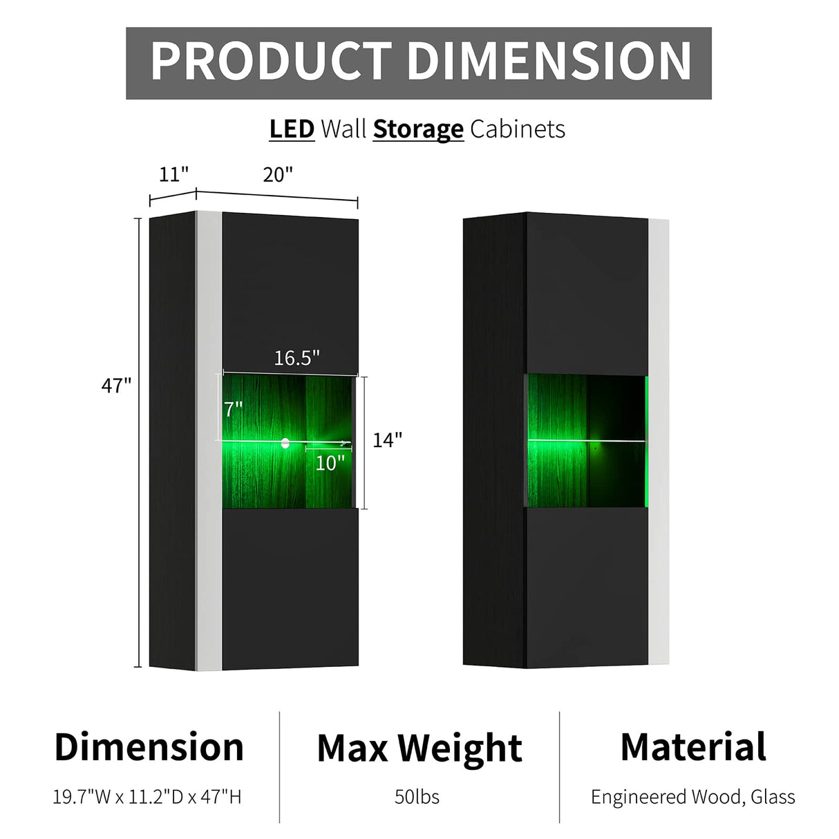 AMERLIFE Wall Storage Cabinets with LED Lights, Modern High Gloss Hanging Cabinets with 4 Closed Doors & Open Glass Shelves, for Living Room/Bedroom/Office, Black(Set of 2) AMERLIFE