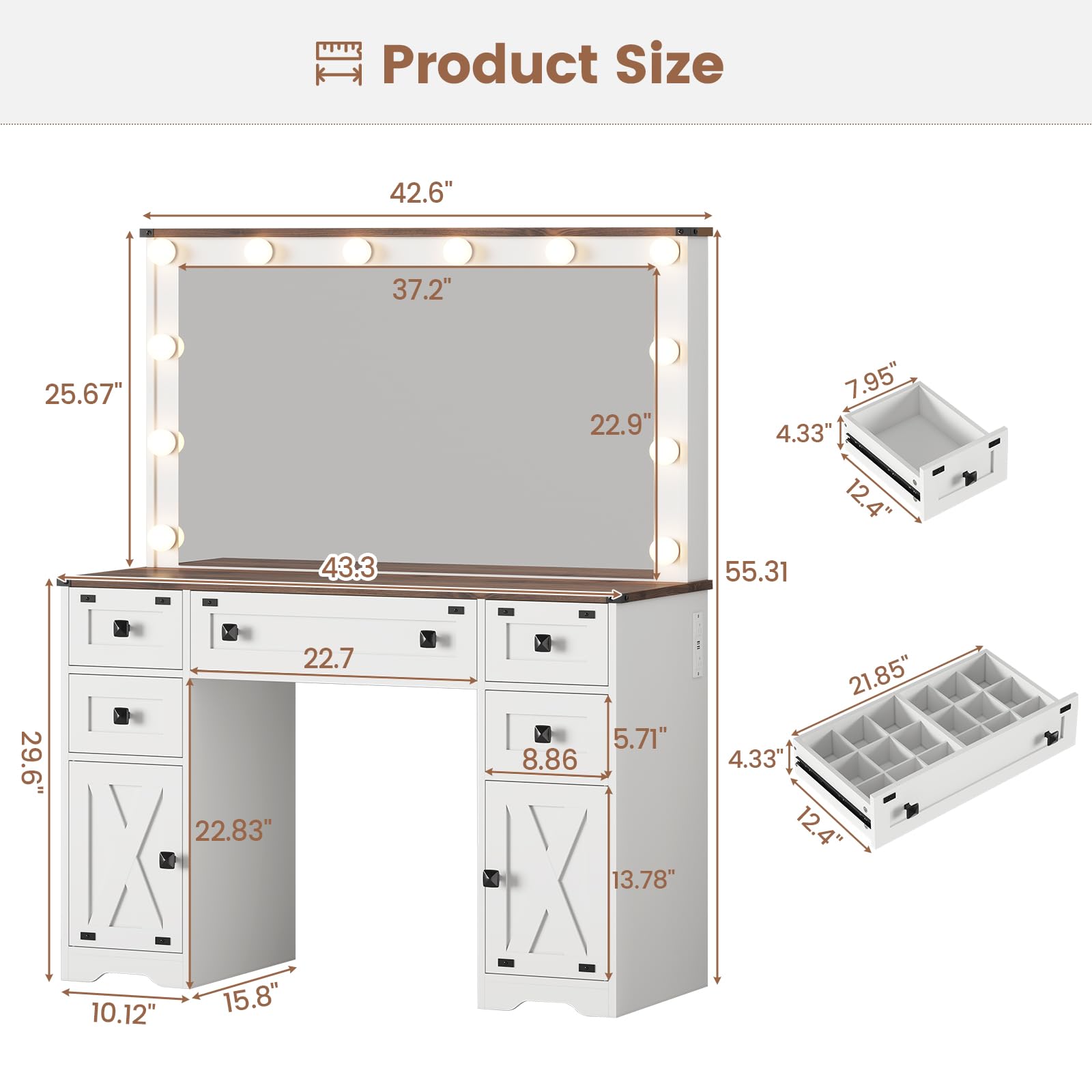 Hasuit Farmhouse Vanity Desk with LED Lights Mirror & Power Outlet 43'' Makeup Vanity Table with 5 Drawers & 2 Cabinets, Dressing Table for Bedroom,3 Color Lighting Modes Adjustable Brightnes - WoodArtSupply