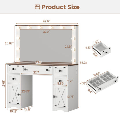 Hasuit Farmhouse Vanity Desk with LED Lights Mirror & Power Outlet 43'' Makeup Vanity Table with 5 Drawers & 2 Cabinets, Dressing Table for Bedroom,3 Color Lighting Modes Adjustable Brightnes - WoodArtSupply