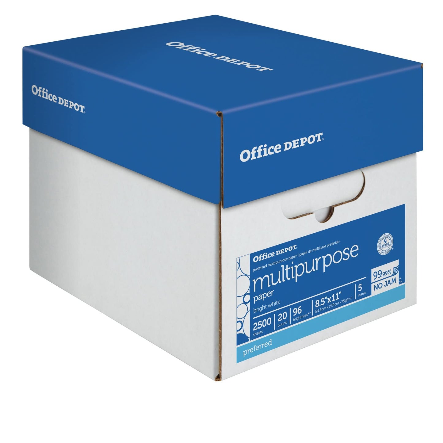 Office Depot® Multi-Use Printer & Copy Paper, 5 Reams, White, Letter (8.5" x 11"), 2500 Sheets Per Case, 20 Lb, 96 Brigh