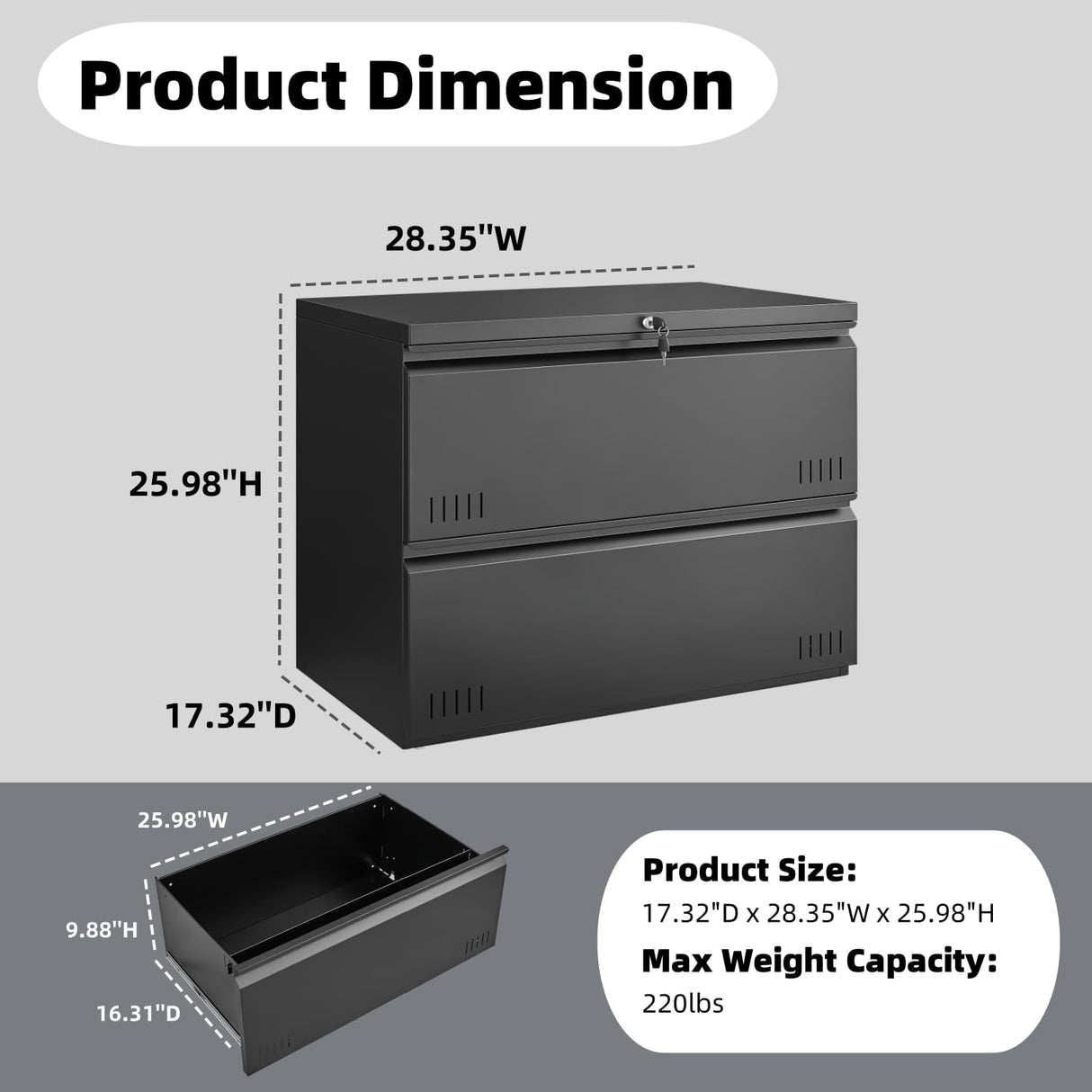 Approgreent 2 Drawer File Cabinet, File Cabinets for Home Office, Printer Stand, File Cabinet with Lock, Lateral Filing Cabinet for A4/Letter/Legal Size File Folders, Assembly Required(Black) Approgreent