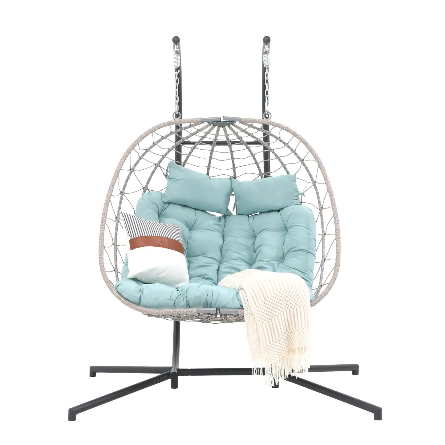 Patiorama 2 Person Double Egg Swing Chair with Stand Indoor Outdoor, Patio Wicker Rattan Hanging Egg Chair w/Cushion, Pillow, Foldable Hammock Chair 550lbs for Bedroom, Balcony, Garden (Light Blue)