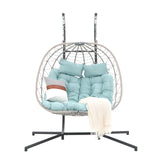 Patiorama 2 Person Double Egg Swing Chair with Stand Indoor Outdoor, Patio Wicker Rattan Hanging Egg Chair w/Cushion, Pillow, Foldable Hammock Chair 550lbs for Bedroom, Balcony, Garden (Light Blue) Patiorama