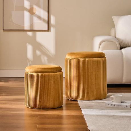 BLEXA Round Set of 2 Ottoman with Storage-Upholstered Velvet Vanity Stool for Makeup Multifunctional Ottomans Coffee Table Padded Seat Foot Rest for Living Room&Bedroom (Yellow) BLEXA