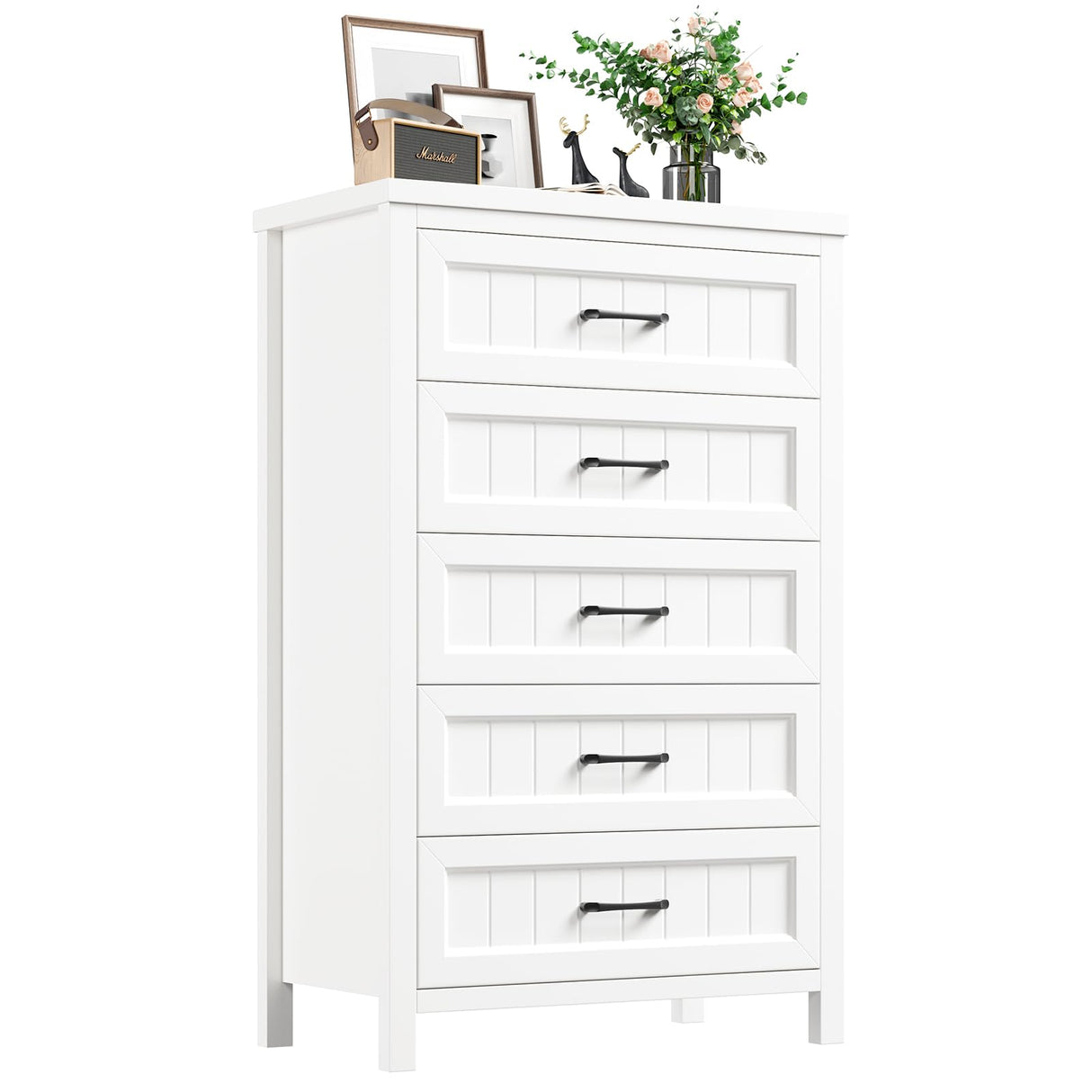 Jocoevol 5 Drawer Dresser for Bedroom - Farmhouse 44.9" Tall Chest of Dresser with Large Storage, Rubst Wood Construction for Living Room, Hallway & Entryway - White Jocoevol
