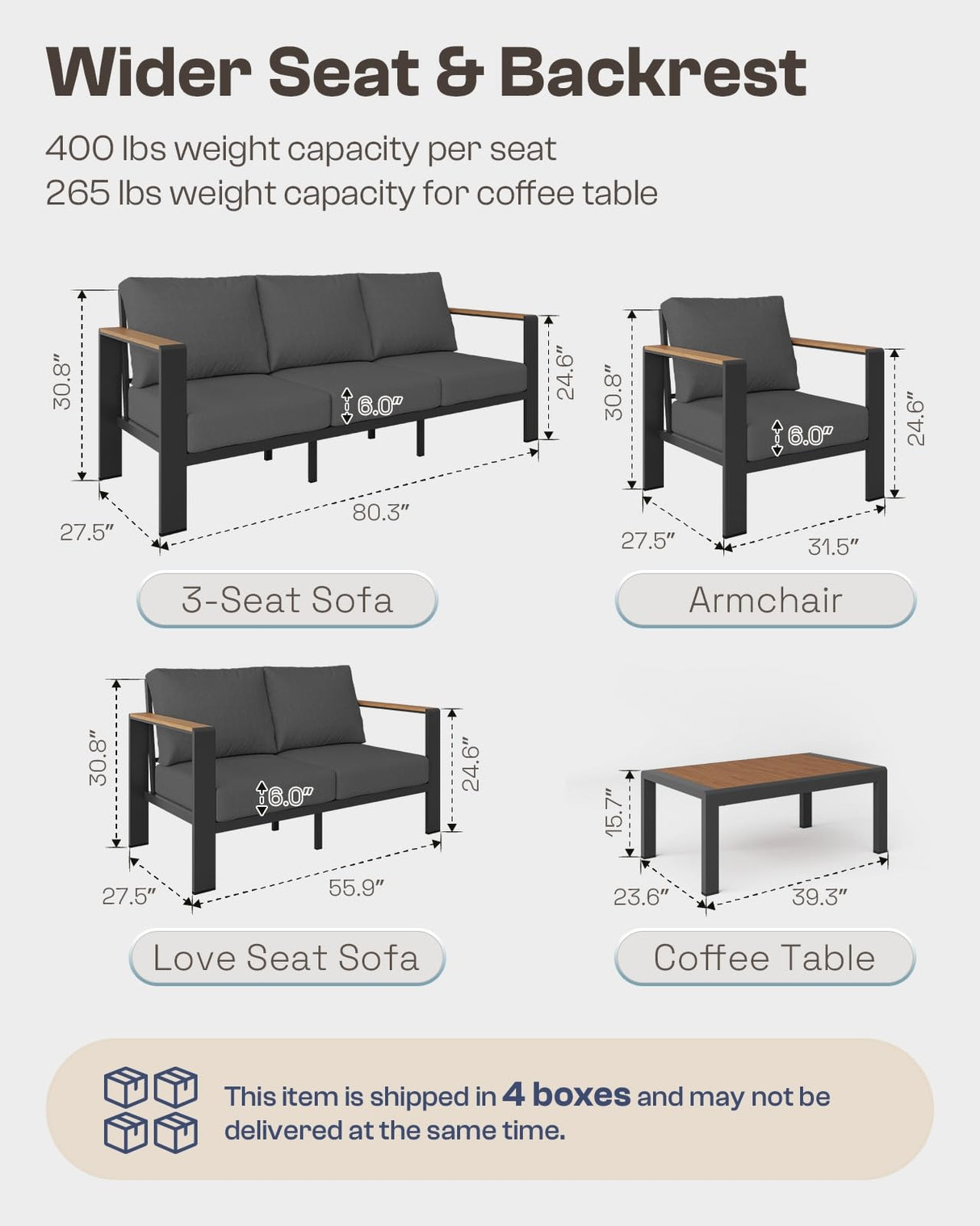 Oasbira Aluminum Outdoor Patio Furniture Set with Coffee Table, 5 Piece Patio Conversation Sets with Washable Thick Cushions, Outdoor Sectional Furniture Set for Porch, Balcony, Deck, Yard, Graphite Oasbira