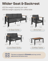 Oasbira Aluminum Outdoor Patio Furniture Set with Coffee Table, 5 Piece Patio Conversation Sets with Washable Thick Cushions, Outdoor Sectional Furniture Set for Porch, Balcony, Deck, Yard, Graphite Oasbira