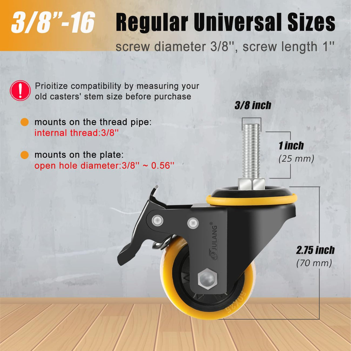 JULANG 2 inch Locking Caster Wheels，3/8'' Stem Castors (3/8" -16 x 1)，Threaded Stem Casters，Swivel Casters Set of 4 Heavy Duty for Furniture,Carts,Clothes Racks,Cafeteria Mobile Shelves. Julang