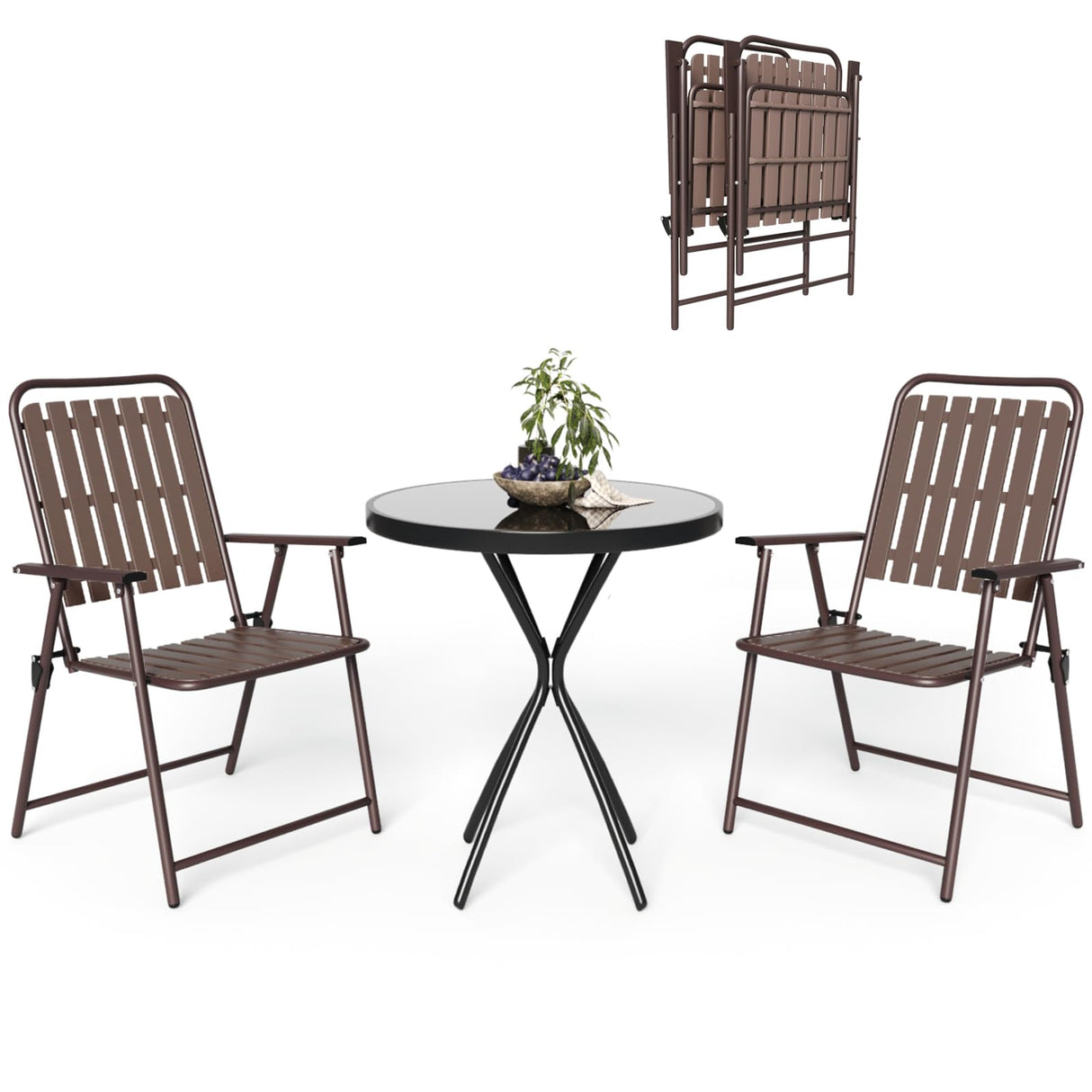 3 Pieces Patio Bistro Set Folding Small Table Chairs Set for 2 Outdoor Bistro Furniture Sets with Glass Coffee Table for Lawn Backyard Balcony Poolside CHINNLUU