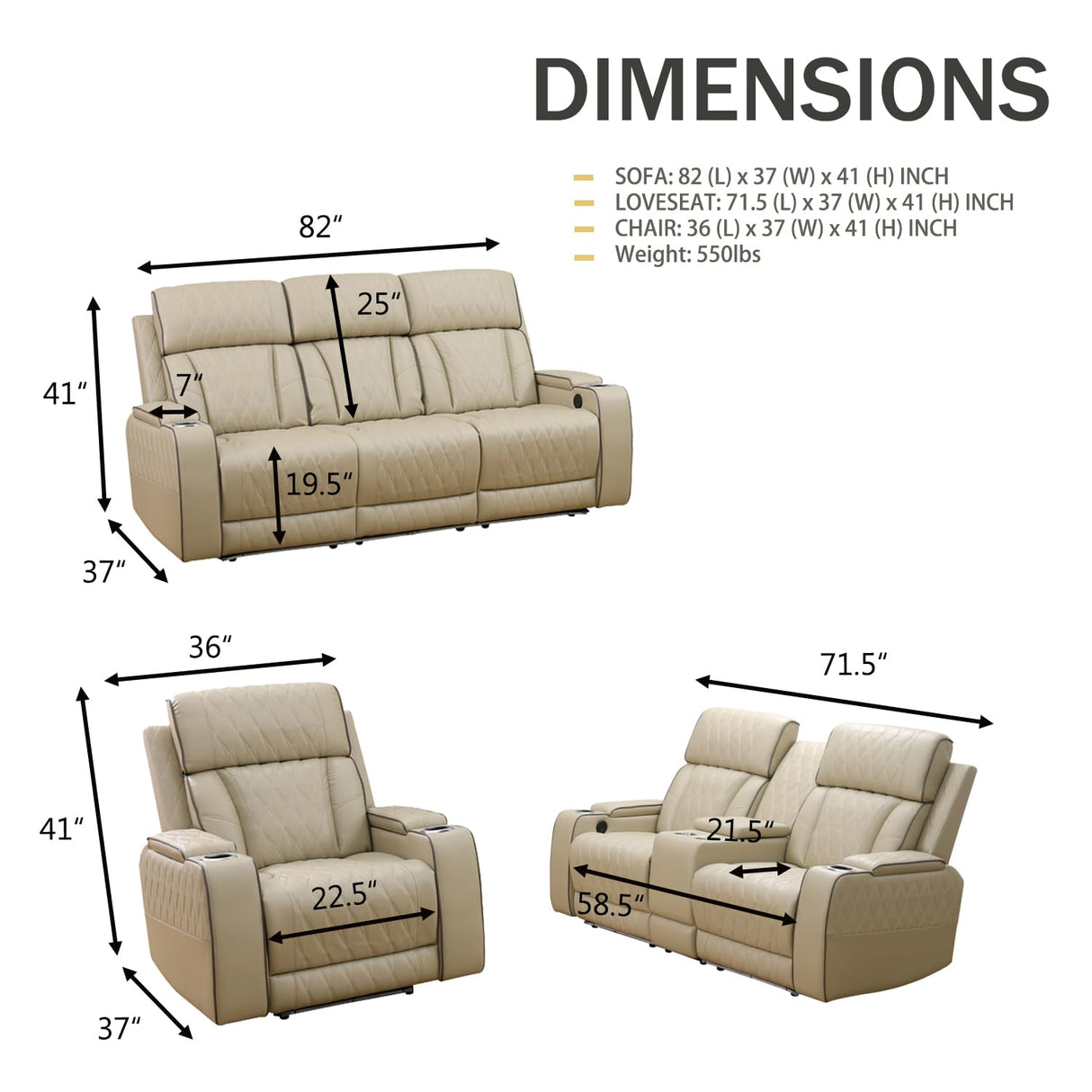 GEBADOL Power Recliner Sofa Set for Living Room,Khaki Leather Reclining Sofas with USB Port,Leather Couch with Power Recliner for Living Room/Apartment/Office GEBADOL