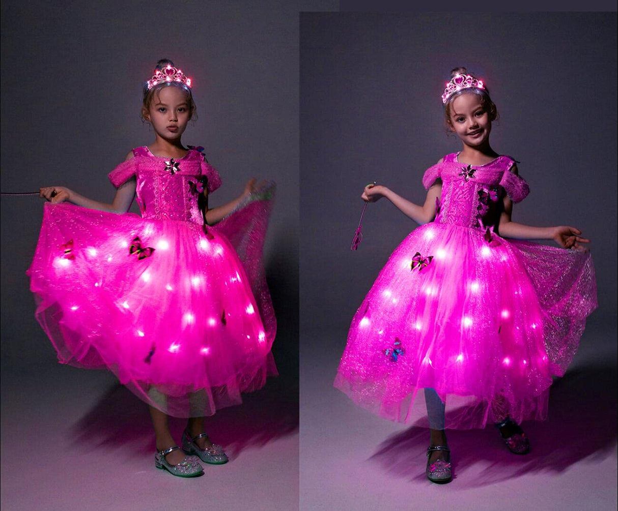 QooGoo Girls Princess Costume Dress LED Light up Fancy Dresses Up Cosplay Party Dress Red Butterfly Pink(Rose Red, 4-5T) QooGoo