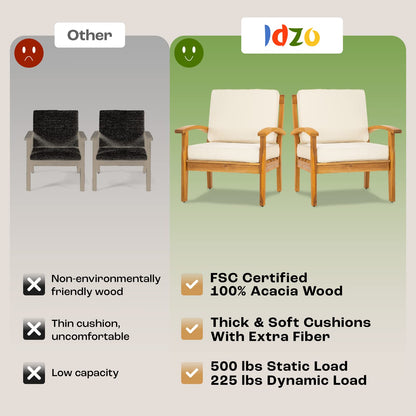 Idzo Club Chairs Laurent 500lbs Capacity Acacia Outdoor Set of 2, FSC Teak Finish Patio Furniture Sets with 3.9in Thick Cushion, Perfect for Garden Porch, Wood_Beige