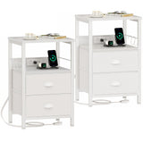 Furologee Nightstands Set of 2, Night Stands with Charging Station, Side Tables with 2 Fabric Drawers, End Tables with Storage Shelves, for Bedroom, White Furologee