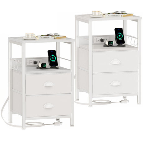 Furologee Nightstands Set of 2, Night Stands with Charging Station, Side Tables with 2 Fabric Drawers, End Tables with Storage Shelves, for Bedroom, White Furologee