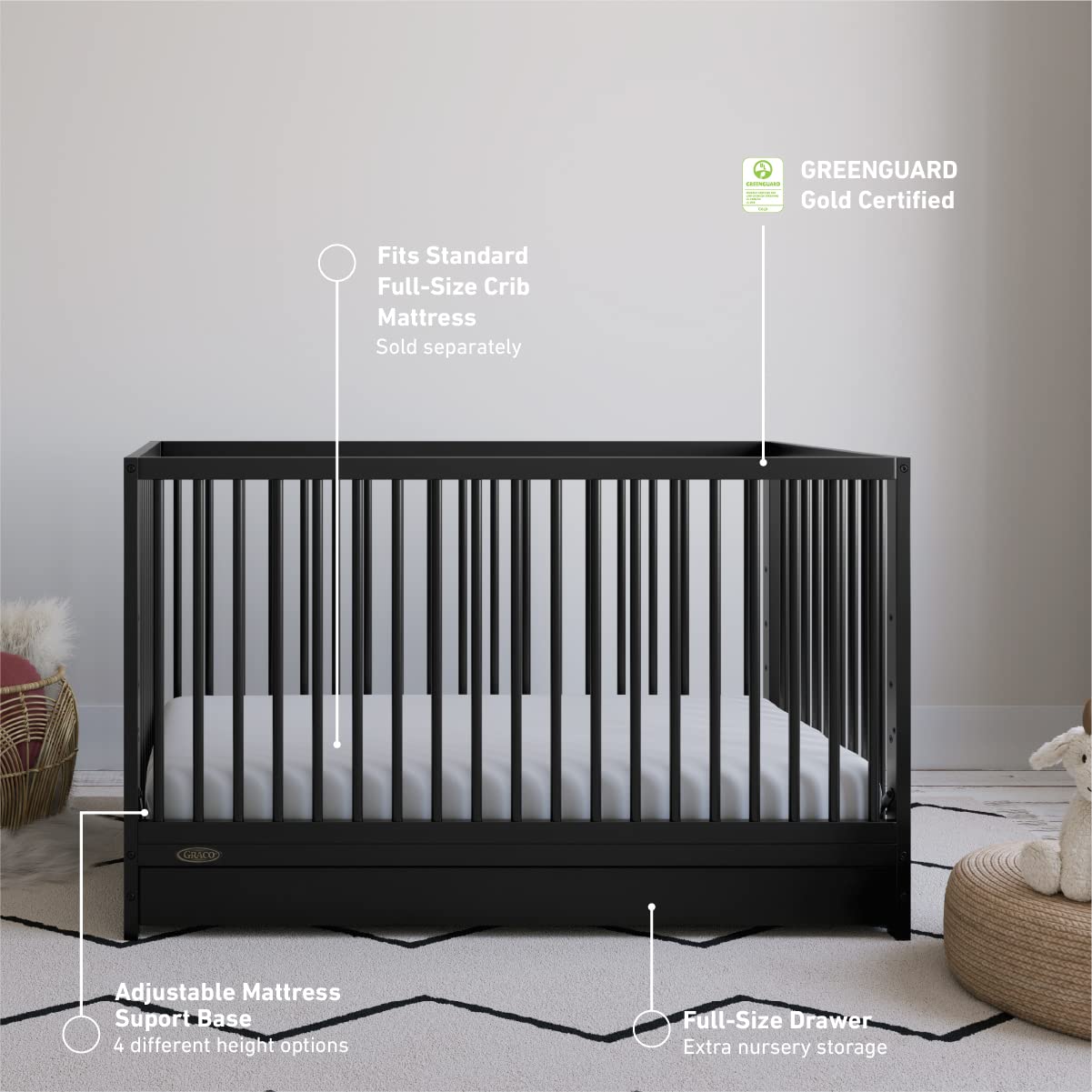 Graco Teddi 5-in-1 Convertible Crib with Drawer (Black) – GREENGUARD Gold Certified, Crib with Drawer Combo, Full-Size Nursery Storage Drawer, Converts to Toddler Bed, Daybed and Full-Size Bed Graco