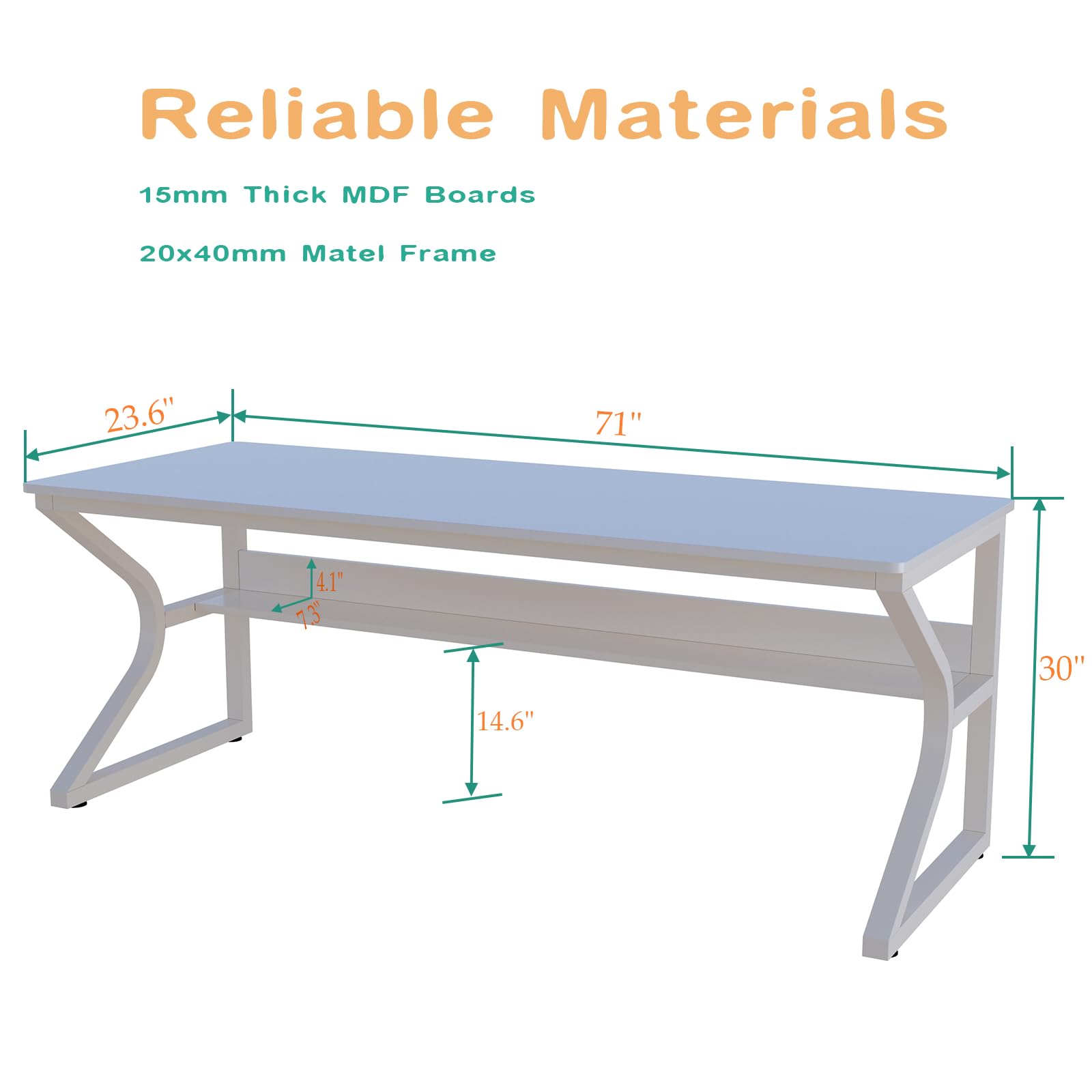 Extra Long OSCHF Desk with Bookshelf - 71" Modern Workstation for Home and Office in Warm White - WoodArtSupply