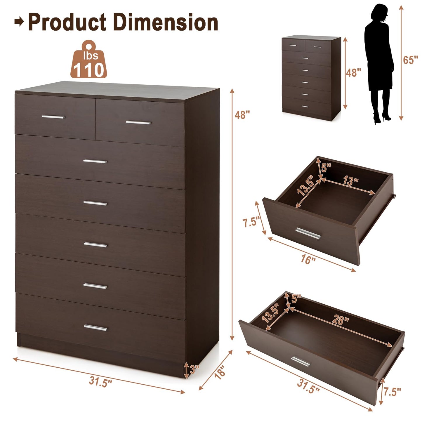 Giantex 7 Drawers Dresser for Bedroom - Wooden Chest of Drawers with Anti-toppling Device, Metal Handles & Guide Rails, Tall Dresser Storage Organizer for Bedroom, Living Room, Entryway, Espr - WoodArtSupply