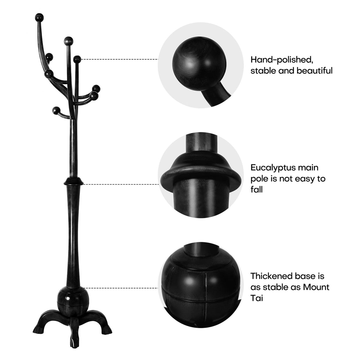 Heavy Duty Coat Rack Freestanding Wood Tree Rack with 8 Hooks, Unique Design Tree Branch-look, Premium Coat Tree Clothes Hanger Stand with Sphere Base for Entryway, Hallway, Bedroom-Load 160lbs Black Bekrvio