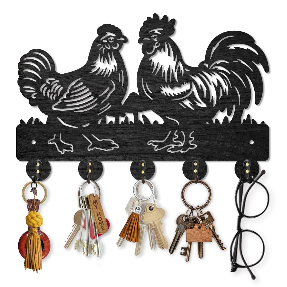 MAYJOYDIY Rooster Hen Coat Hooks Wall Mount Wood Farmhouse Animal Mushroom Key Holder for Wall 11.8×7.9inch Decorative Key Rack 5 Alloy Hooks for Gift Hallway Entryway Kitchen Farm Decor