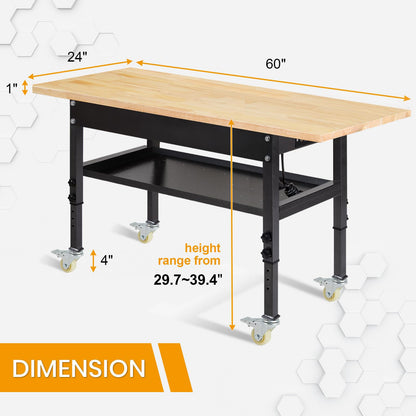 48"/60'' Adjustable Workbench, Rubber Wood Top Work Bench Heavy-Duty Work Table with Power Outlet, Wheels, Partition 2000 LBS Load Capacity Hardwood Work Benches for Garage, Workshop, Home, O - WoodArtSupply