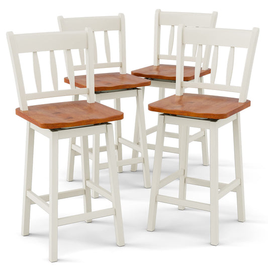 COSTWAY 24.5 Inch Ergonomic White Bar Stools Set of 4 with 360° Swivel & Footrest - WoodArtSupply