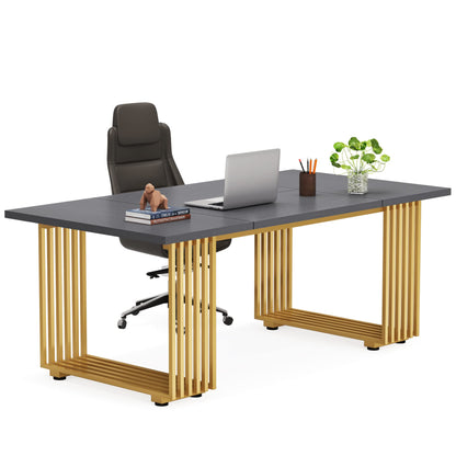 Tribesigns 70.9" Modern Executive Desk, Wood Office Desk, Grey Simple Computer Desk with Gold Metal Legs, Large Workstation Business Furniture for Home Office, Small Conference Table for Meet - WoodArtSupply