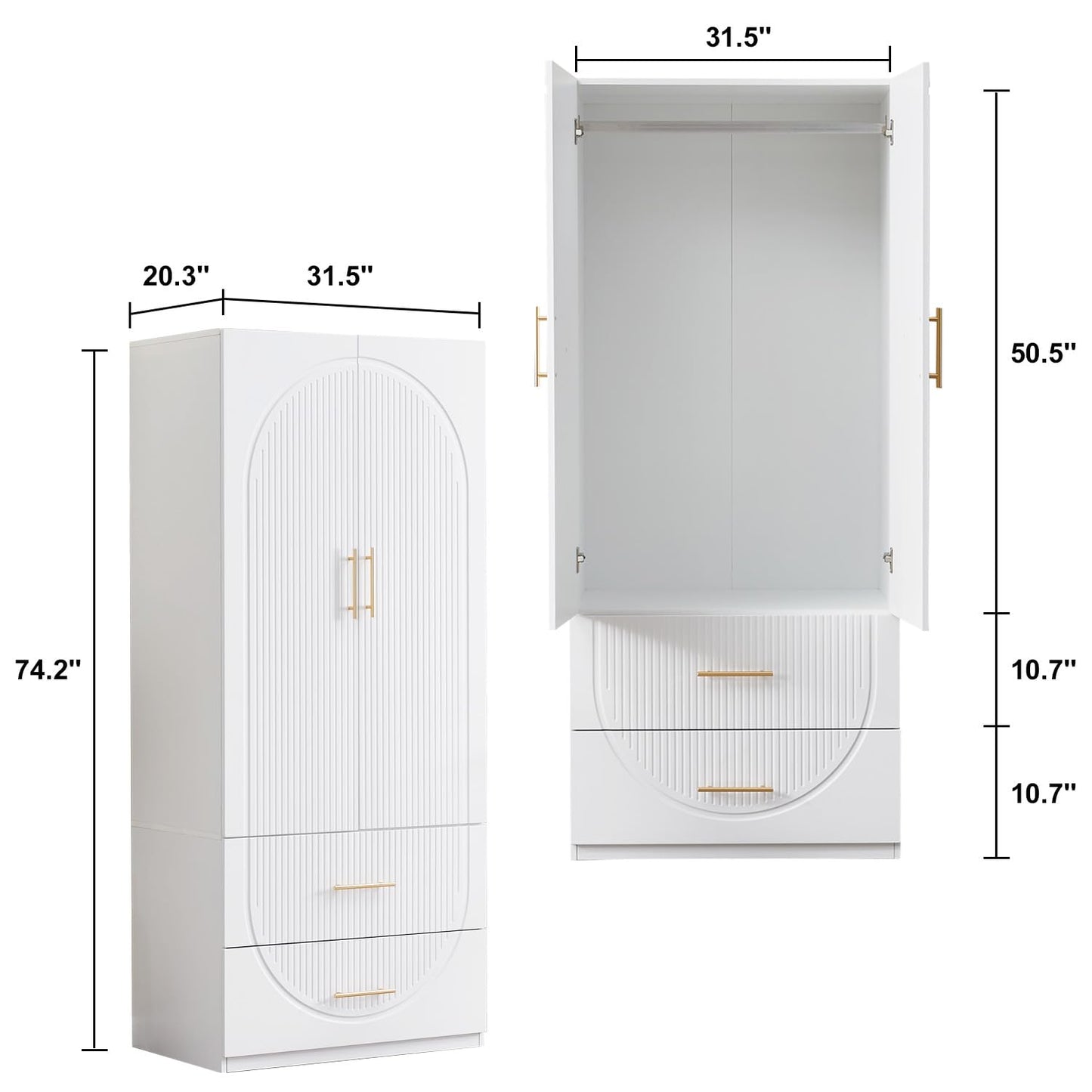 TrendTerrace 4-Door Armoire Wardrobe Closet, 2 Wooden Drawers Tall Cabinet Closet Wardrobe for High Storage Capacity, White Closet Cabinet with 2 Shelves and Hanging Rod 63" L x 20.3" W x 74" - WoodArtSupply