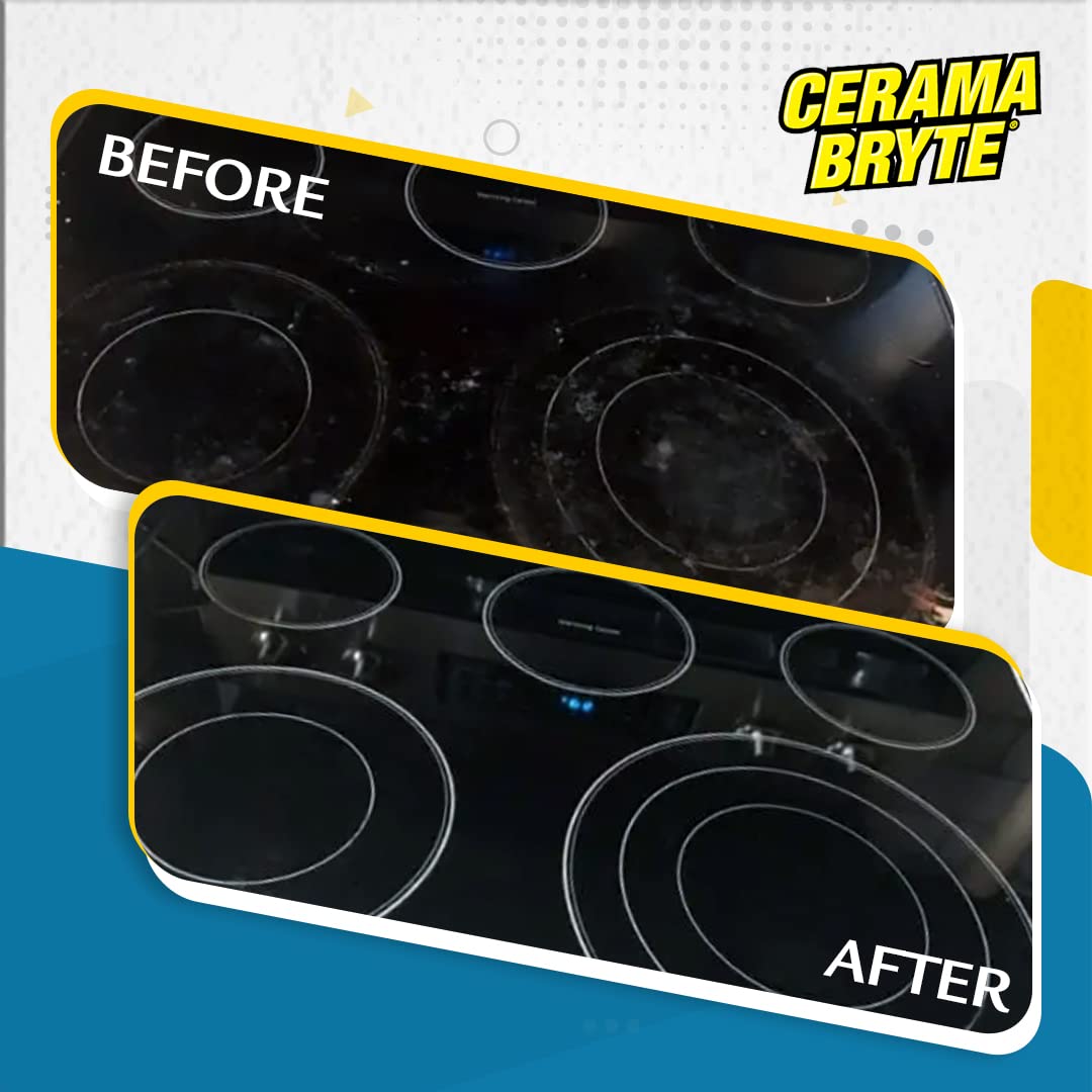 Cerama Bryte Combo Kit POW-R Grip, Scraper, Pads & Removes Tough Stains Cooktop and Stove Top Cleaner for Glass - Ceramic Surfaces, 10 Ounces, 6 Piece Cerama Bryte
