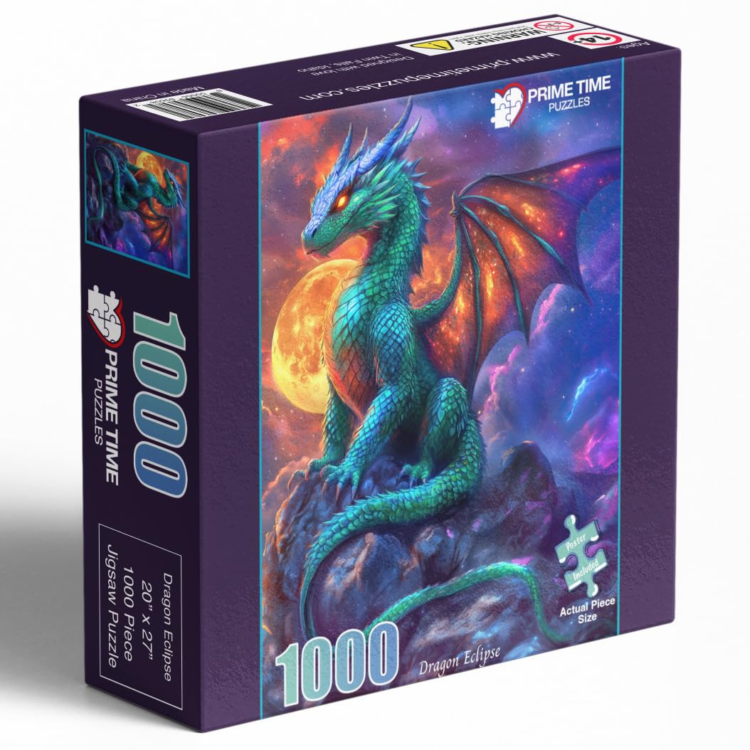 Prime Time Puzzles 1000 Piece Jigsaw Puzzle for Adults - Fantasy Dragon Under The Moonlight - Challenging Puzzle Perfect for Game Nights - 1000 Piece Puzzle for Adults. 20x27 inches (Dragon Eclipse) Prime TIme Puzzles