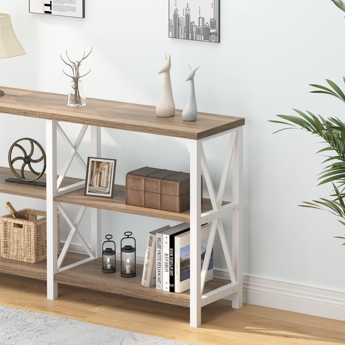 IBF Farmhouse Entryway Table, Wood TV Console Table, Long Rustic Metal Sofa Table, Industrial Hallway Table with Storage Shelves, Modern Foyer Tables for Front Entry Way, White and Rustic Oak, 55 in IBF