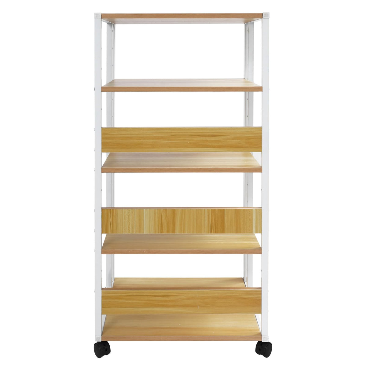 5-Tier AV Media Stand Audio Rack Tower with 4 Lockable Universal Wheels Movable Audio Media Stand with Top Corner Shelf for Record Player, Stereo Components, DVD Players(19.7*15.7*42.9in, White, Wood) VitaChicuy