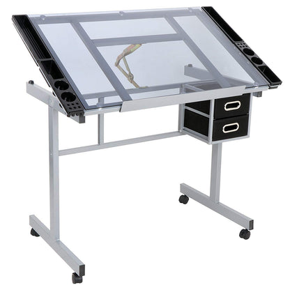 Oteymart Adjustable Drafting Table with Glass Tabletop, Art Desk and Craft Work Station, Includes 2 Slide Drawers and Wheels for Home Office, Ideal for Reading, Writing, and Painting - WoodArtSupply