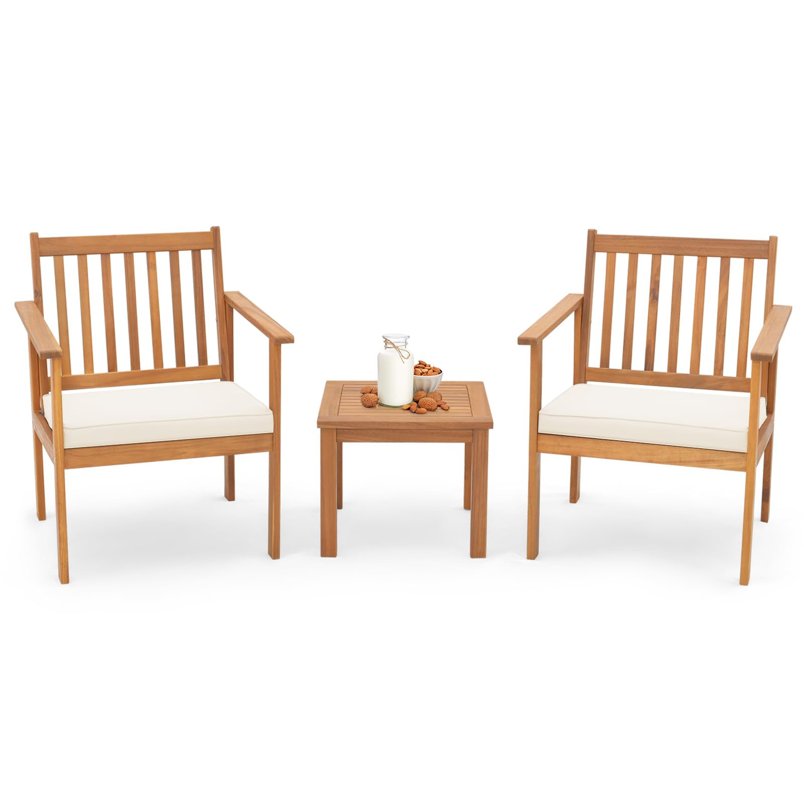 Tangkula 3 Pieces Patio Wood Furniture Set, Acacia Wood Chairs and Coffee Table Set with Soft Cushions, Slatted Design, Outdoor Furniture Set for Porch, Yard, Balcony (White) - WoodArtSupply