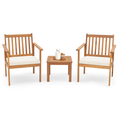 Tangkula 3 Pieces Patio Wood Furniture Set, Acacia Wood Chairs and Coffee Table Set with Soft Cushions, Slatted Design, Outdoor Furniture Set for Porch, Yard, Balcony (White) - WoodArtSupply