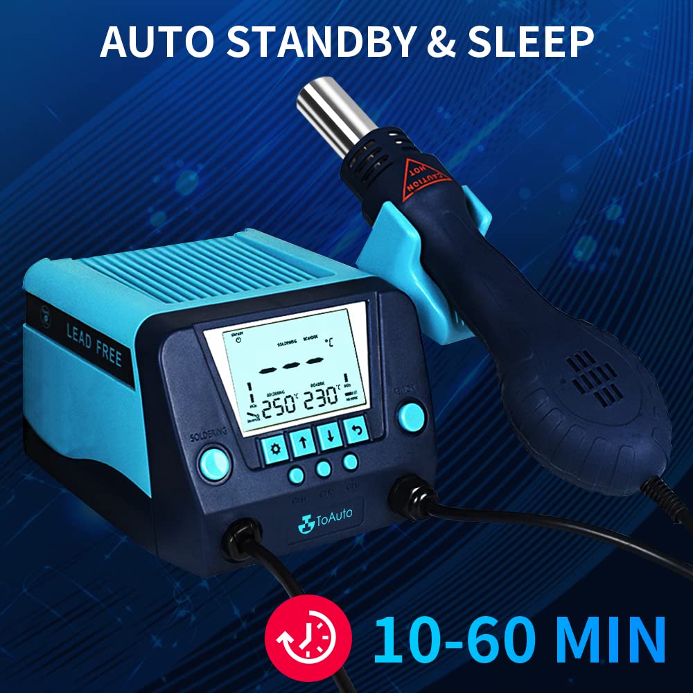 TOAUTO DS882 Soldering Station, 2 in 1 Soldering Iron Hot Air Gun Rework Station Kit with LCD Display,°F /°C, Cool/Hot Air Conversion, Auto Standby & Sleep, Temperature Memory & Lock & Correction TOAUTO