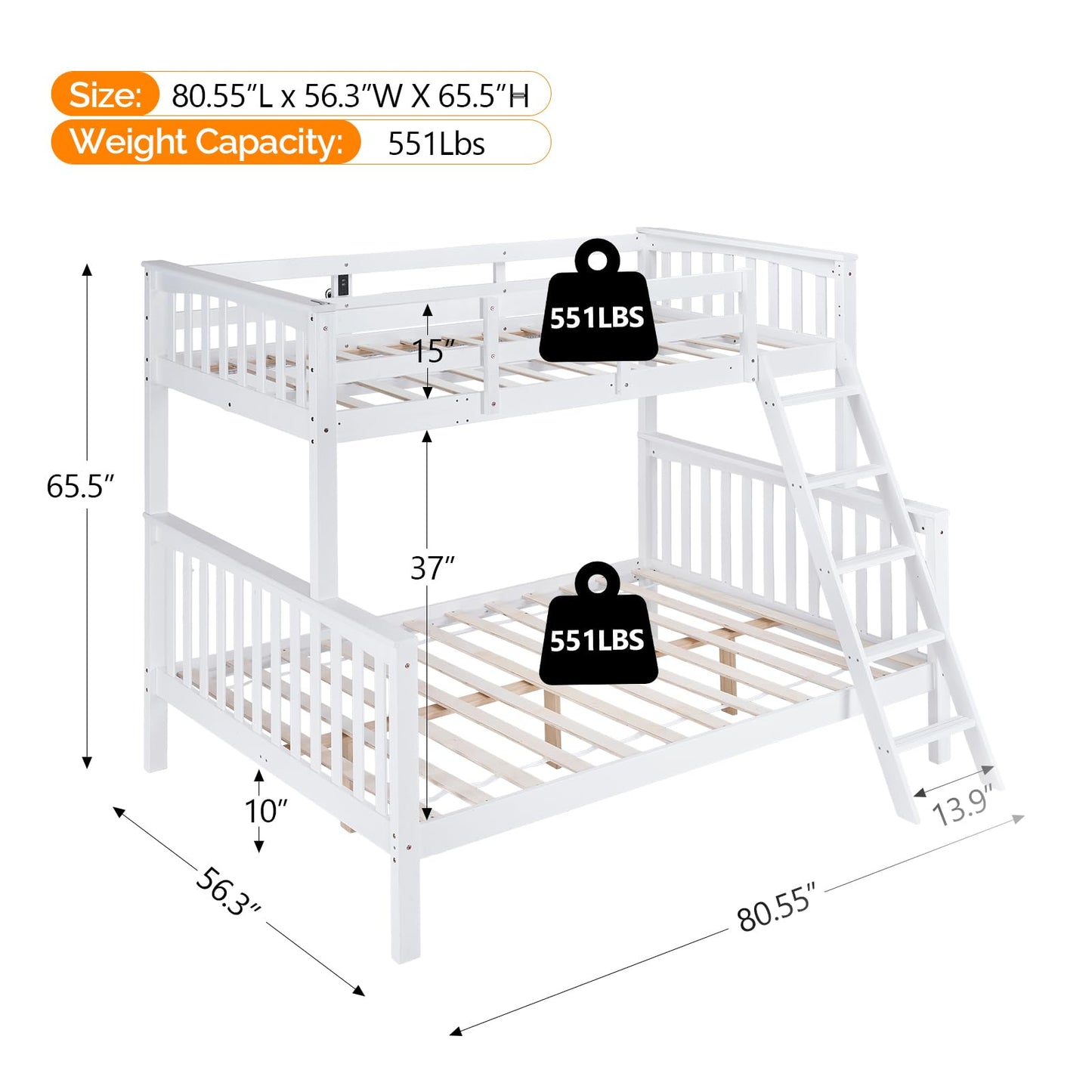 VINGLI Twin Over Full Bunk Bed with LED Lighting & USB Ports, Extra Tall Safety Guardrails, Convertible Design, Solid Wood, White - WoodArtSupply