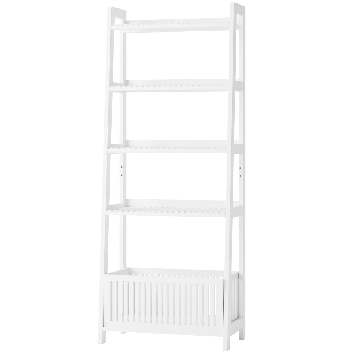 Bamjoy White Bamboo Shelf, Ladder Bookshelf with Storage, Display Shelf Tall Bookshelf Bookcase with Basket for Home Office, 66" H Bamjoy