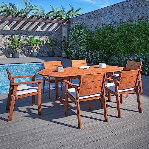 Amazonia Nelson 7-Piece Outdoor Oval Extendable Dining Table Set | Eucalyptus Wood | Ideal for Patio and Indoors Amazonia