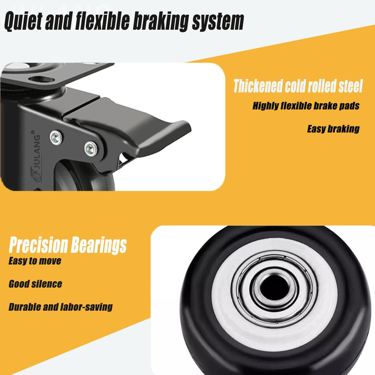 JULANG 2" Locking Caster Wheels Set of 4 Heavy Duty with Brake, Noise Free (PU) Wheels, Swivel Plate Castors 4 PCS, for Furniture, Carts, Garden Potting Tables, Workbenches Julang