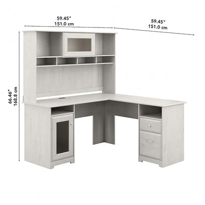 Bush Furniture Cabot L Shaped Desk with Hutch | Corner Desk with Storage for Home Office in Linen White Oak | 60W L Shaped Computer Desk - WoodArtSupply