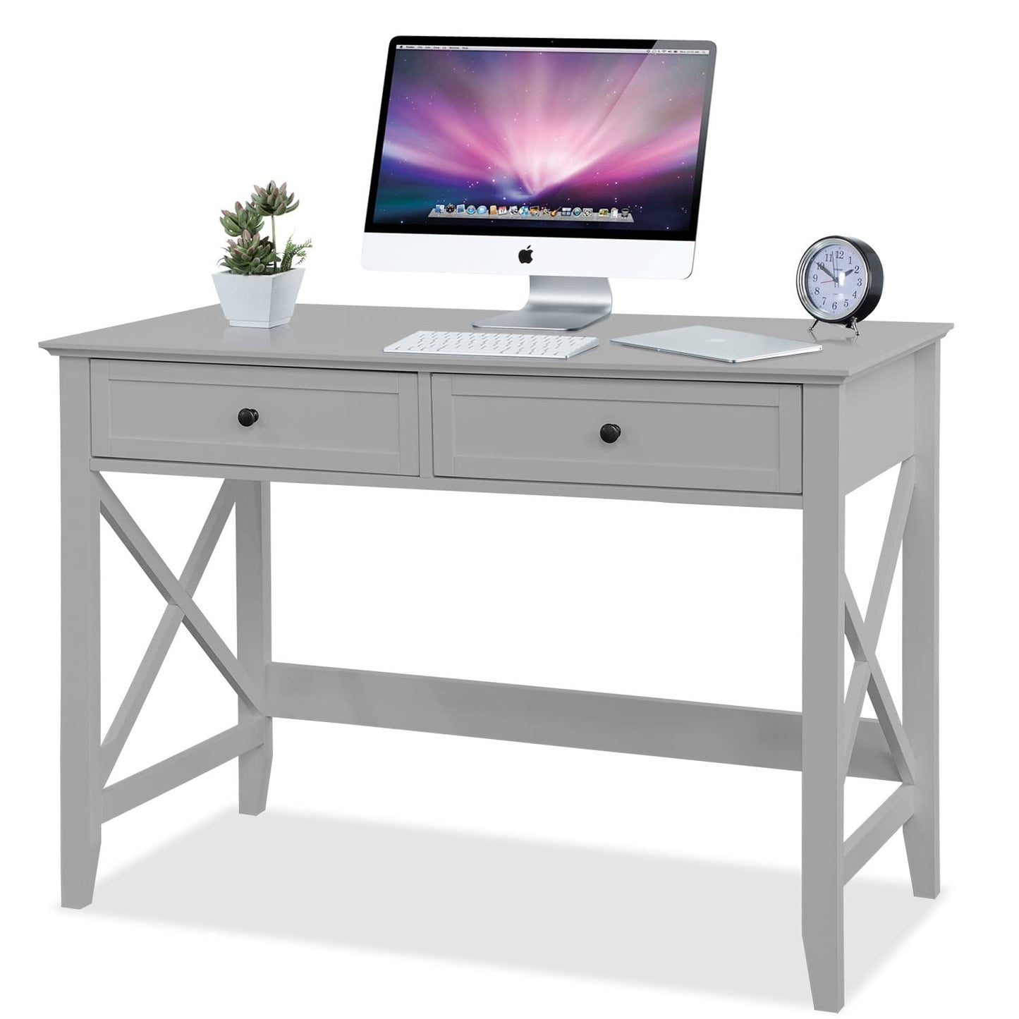 Lewahom Computer Desk with 2 Drawers, Elegant Home Office Writing Study Desk with Storage, Modern Simple Vanity Desk Console Table for Living Room, Grey - WoodArtSupply