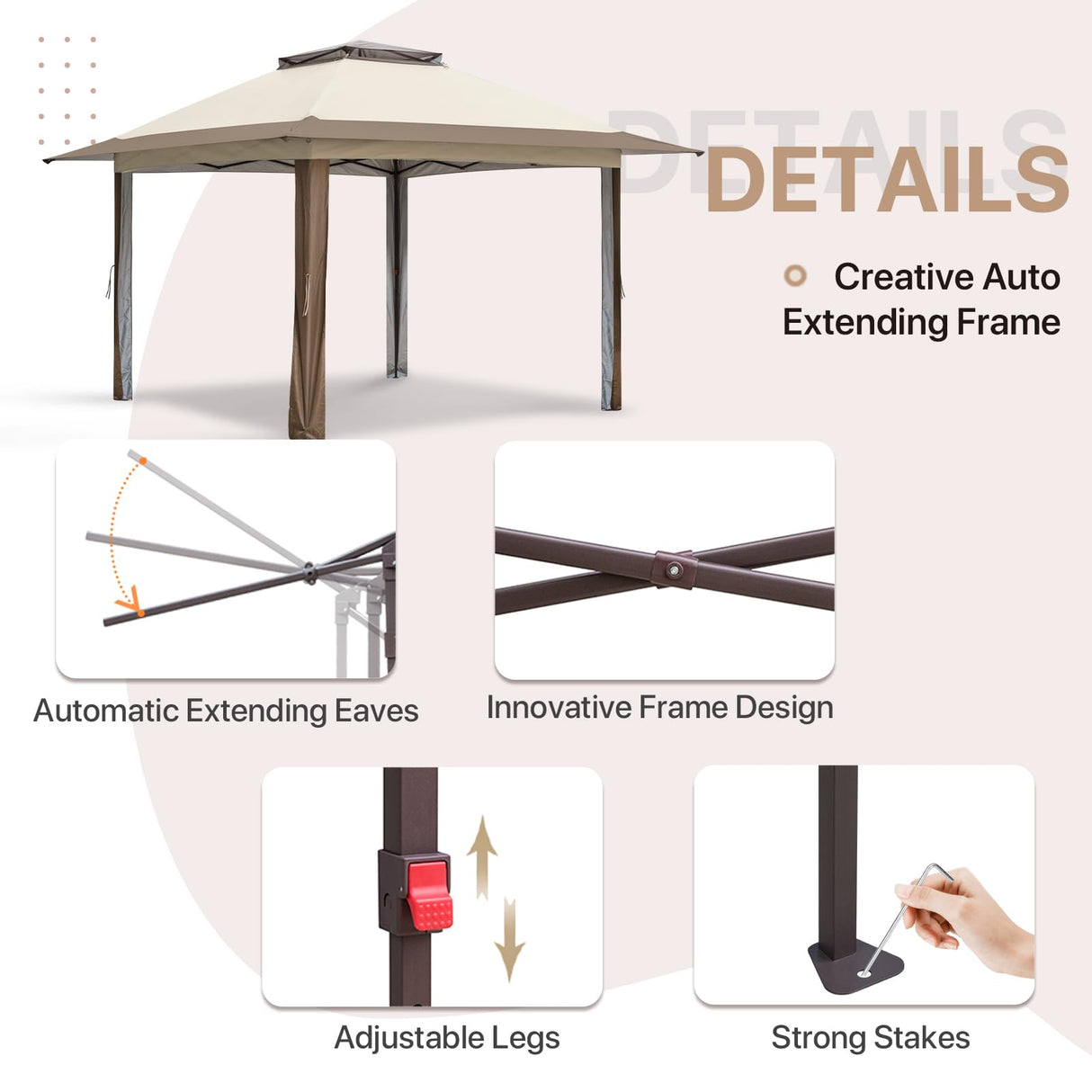 EAGLE PEAK 13x13 Pop Up Gazebo with 4 Wall Panels, Easy Up Canopy for Patio and Backyard, Easy Set up Outdoor Gazebo (Beige/Brown) EAGLE PEAK