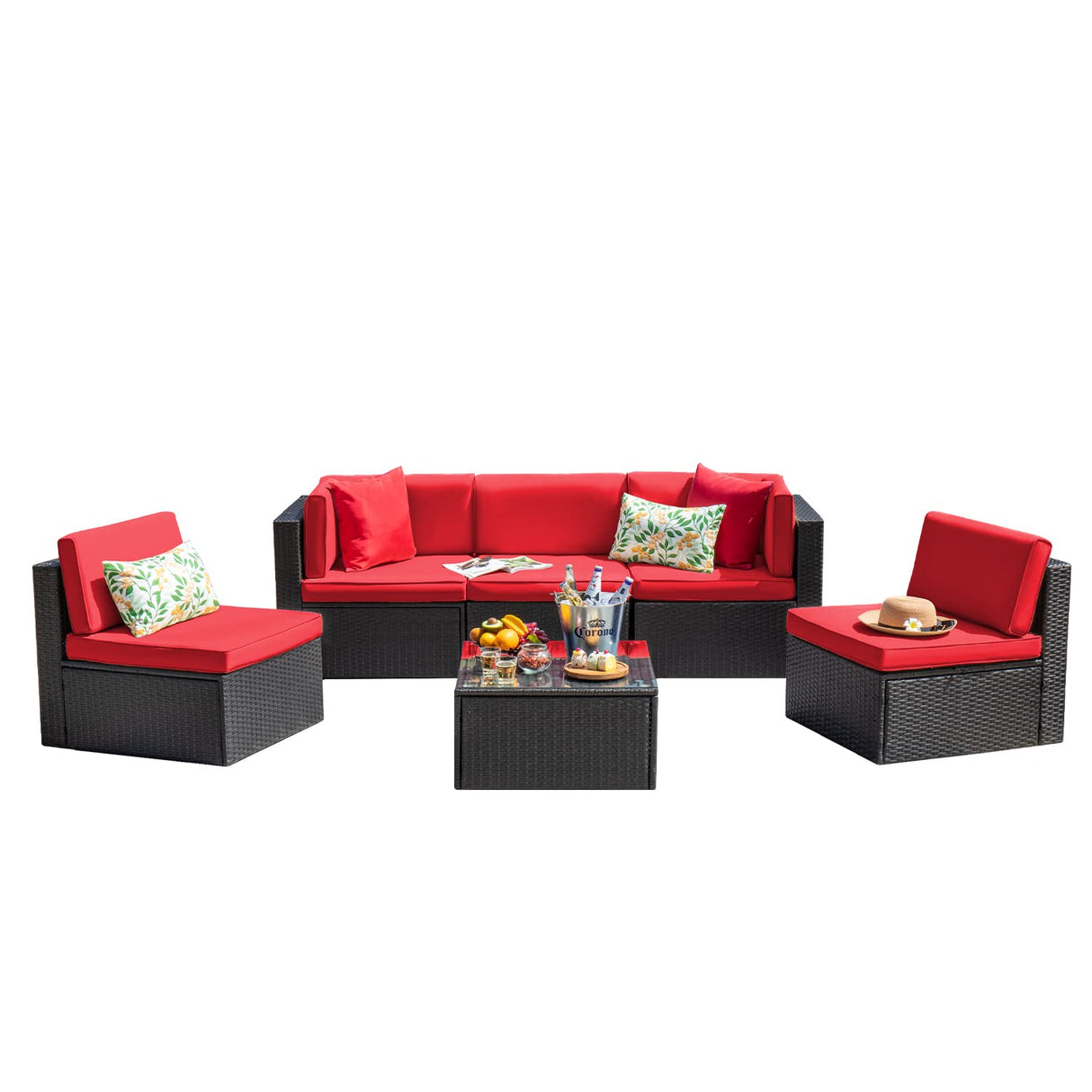 Devoko Patio Furniture Sets 6 Pieces Outdoor Sectional Rattan Sofa Manual Weaving Wicker Patio Conversation Set with Glass Table and Cushion (Red) Devoko