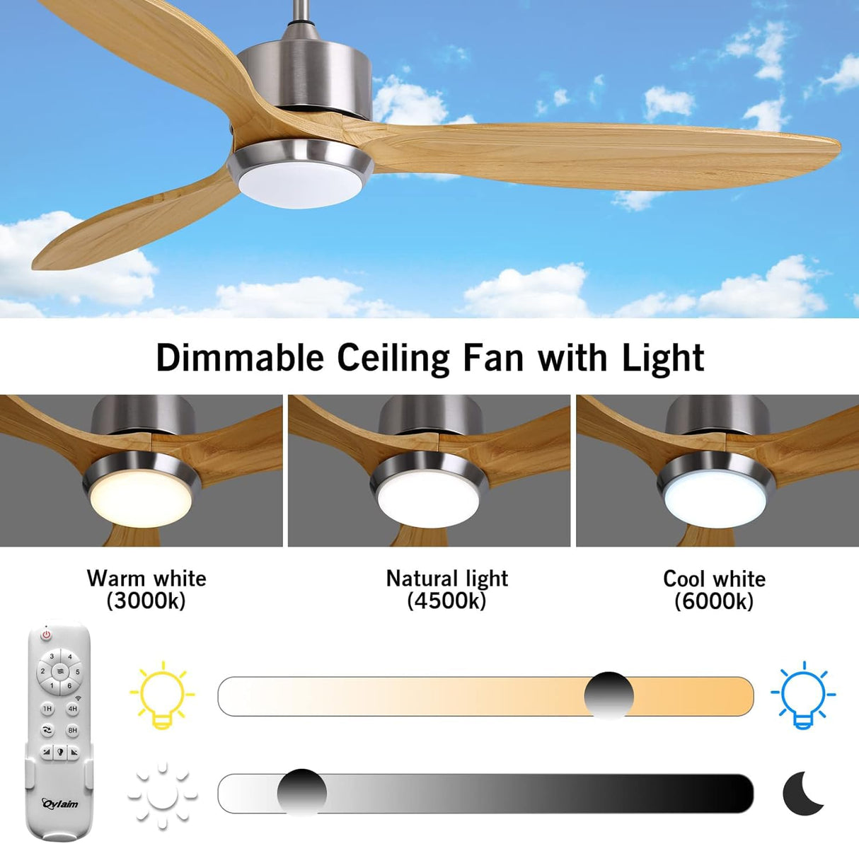 Ovlaim 60 inch Smart Ceiling Fan with Light Remote Control, Dimmable Led Quiet DC Motor Wood Ceiling Fan for Living Room, Bedroom, Patio, Farmhouse Ovlaim