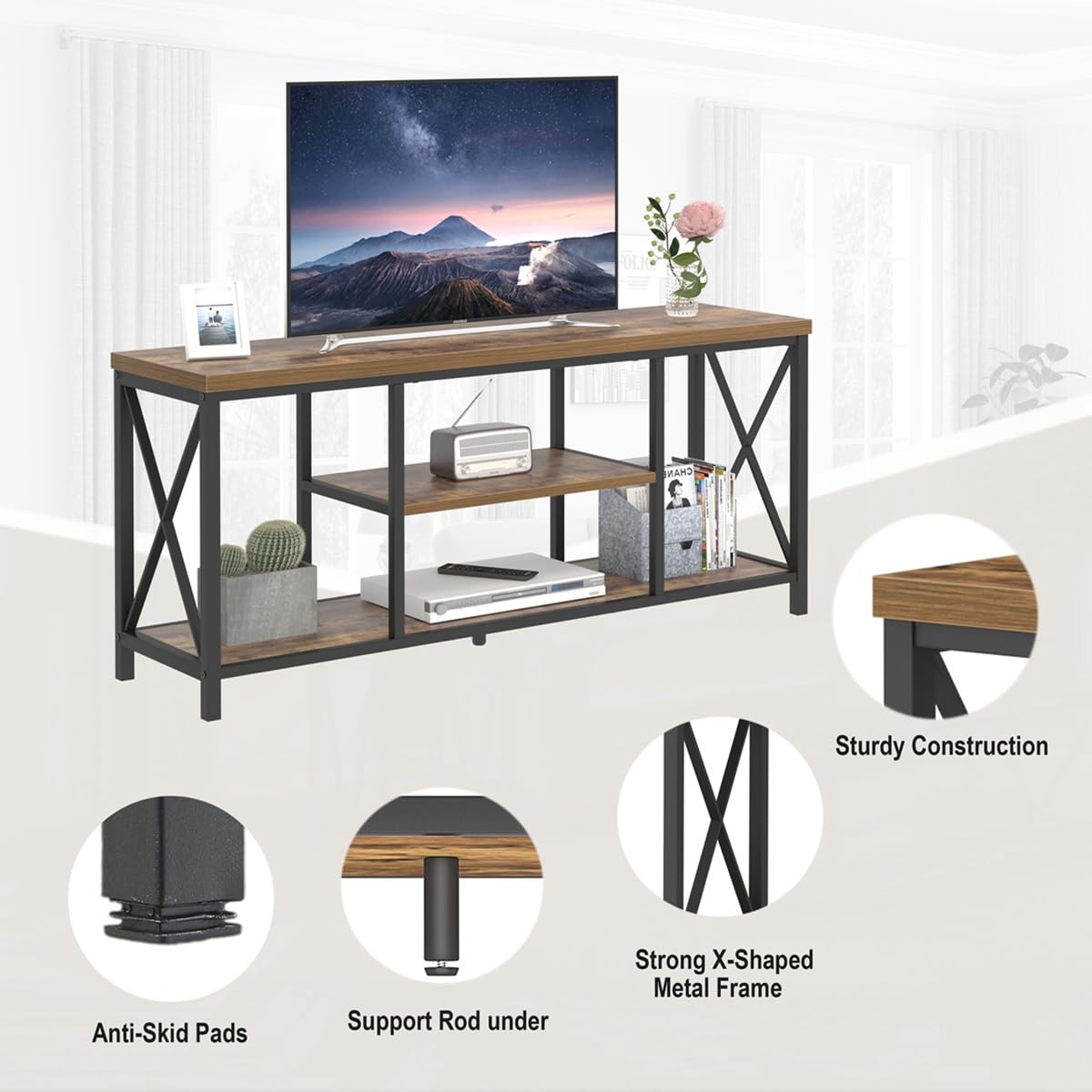 EXCEFUR 55 Inch TV Stand for Televisions up to 65 Inch, Modern Entertainment Center with Storage Shelves, Industrial Media TV Console for Living Room, Bedroom, Rustic Brown EXCEFUR