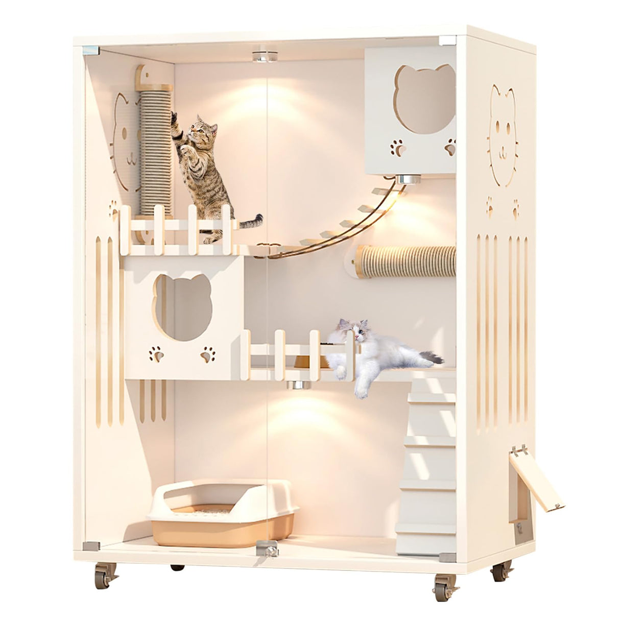 Large Enclosed Cat Condo, Wooden Large Cat Villa, Indoor/Outdoor Cats Enclosure with Wheels, Multi-Feature Cat Houses for Indoor Cats Ventilation Glass Doors, 50" X 36" X 24" (White, 50" X 36" X 24") TMGSK