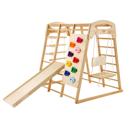 VEVOR Large Size Indoor Jungle Gym, 7-in-1 Toddler Indoor Playground, Wooden Toddler Climbing Toys with Wood & Rope Ladder, Net Ladder, Swing, Monkey Bar, Slide, Climbing Wall, 47.2 x 58 x 56in