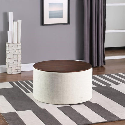 HomePop Modern Fabric Storage Ottoman with Wood Top - Stain-Resistant Cream Woven 30 x 30 inch