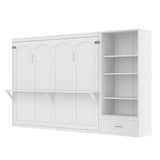SOFTSEA Queen Horizontal Murphy Bed with Desk, Foldable Wall Bed Frame with Storage Drawers, Shelves & Movable Cabinets, Space-Saving Hideaway Murphy Bed for Small Space, White SOFTSEA