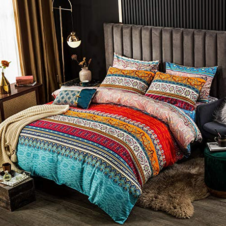 Bohemian Duvet Cover Set Full Colorful Floral Boho Striped Bedding Set Ultra Soft Microfiber Double Duvet Cover Southwestern Indian Tribal Reversible Bedding Exotic Style Decor Boho Comforter Cover Erosebridal